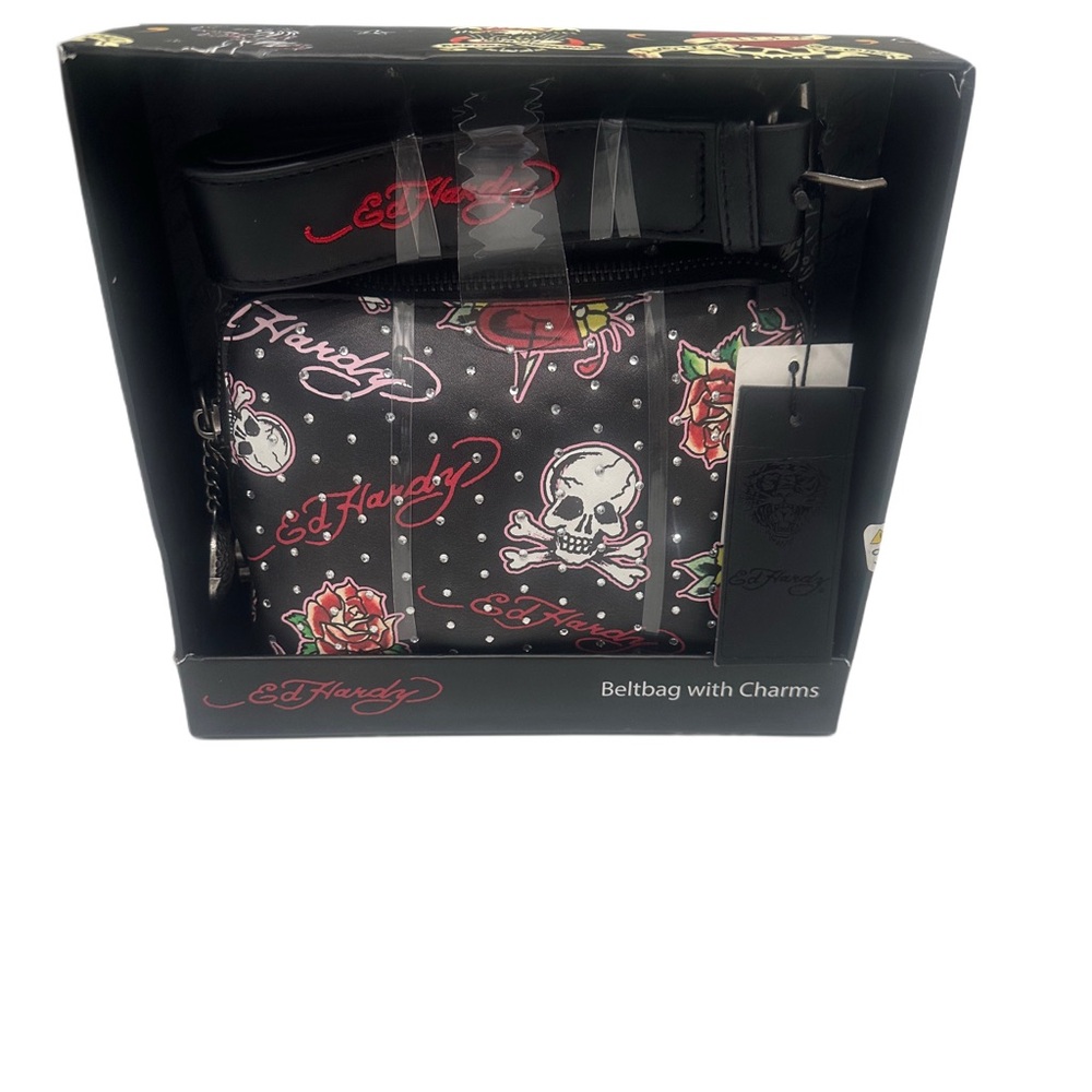 Ed‎ Hardy Black Skull Heart Beltbag with Charms Studded Tattoo Print NIB